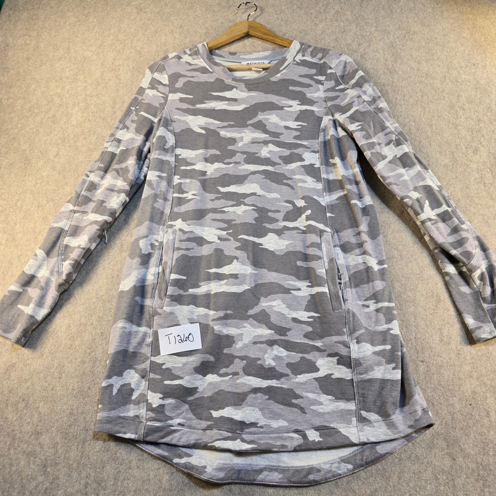 Athleta Camo Tunic Sweatshirt‎ Grey White Long Sleeve Pocket Pullover Medium M/P